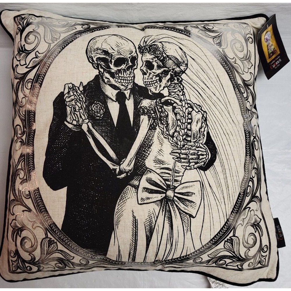 New Cynthia Rowley Curious Halloween Skeleton Bride & Groom Couple Throw Pillow